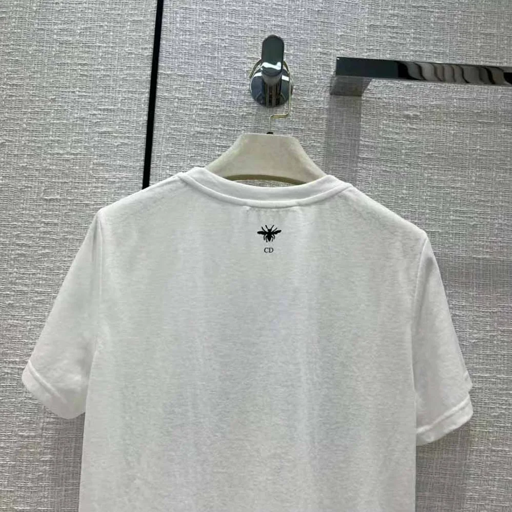 Dior T-shirt White Cotton Jersey and Linen with Black Gemini Motif for Women