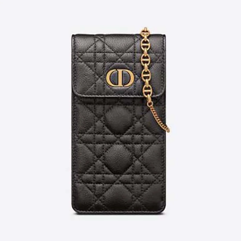 Dior Caro Phone Holder with Chain Black Supple Cannage Calfskin for Women