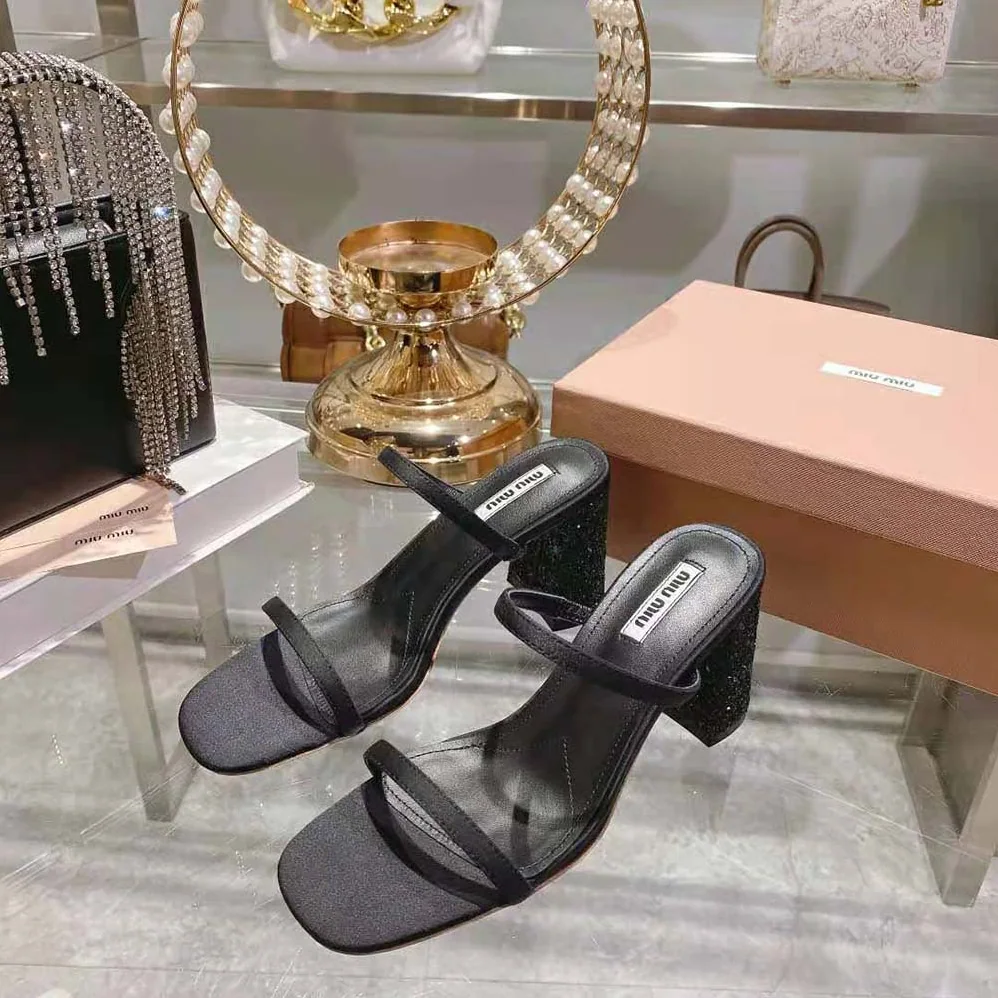 Miu Miu Satin and Glitter Slides in 85 mm Heel Height for Women in Black Miu Miu Satin and Glitter Slides in 85 mm Heel Height for Women in Black