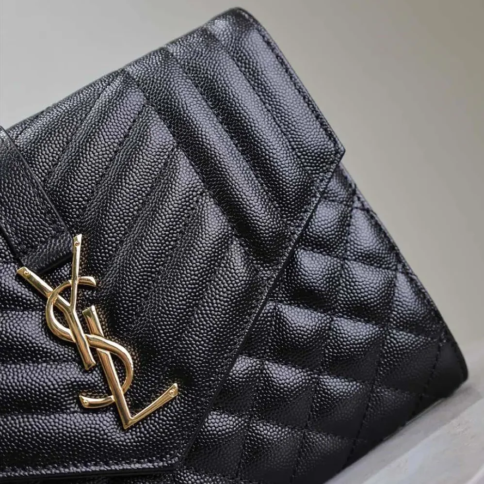 Saint Laurent YSL Envelope Flap Pouch In Mix Matelassé Grain De Poudre Leather Black for Women
