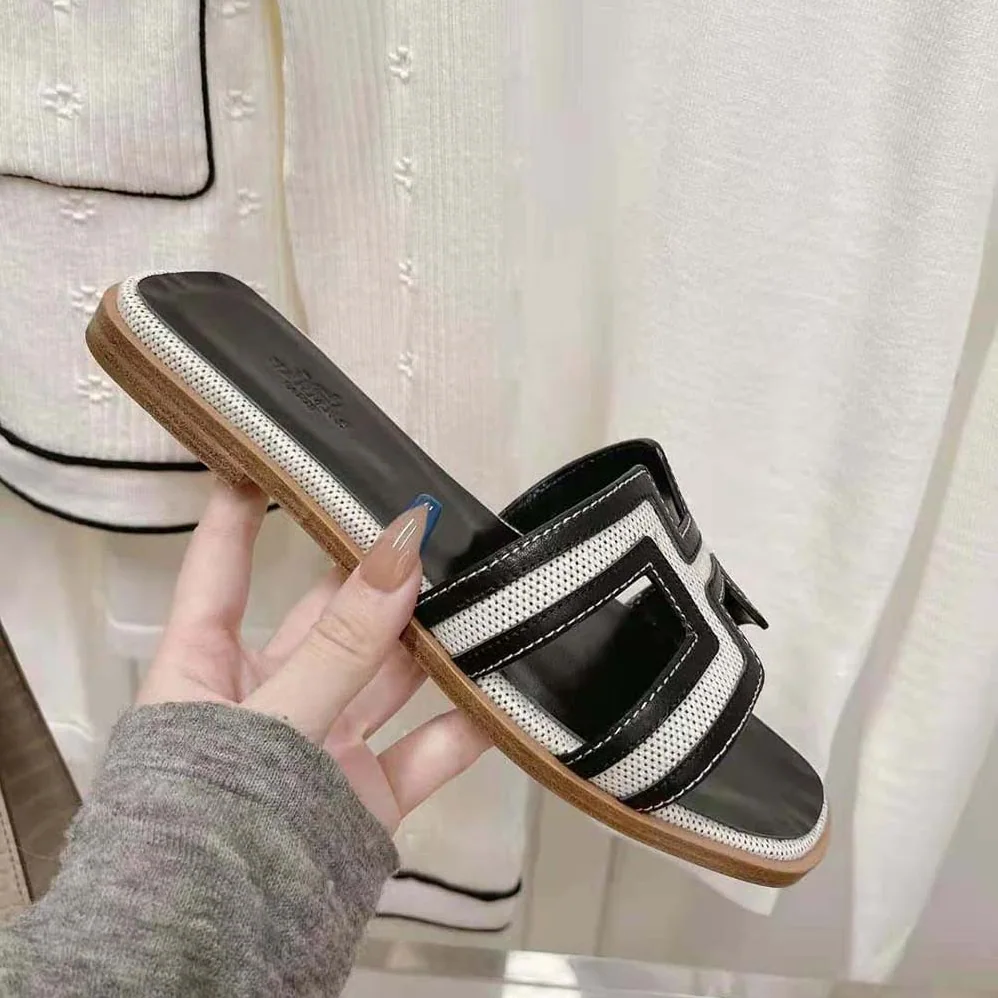 Hermes Oran Sandal in Calfskin and H Canvas with Iconic H Cut-Out for Women in Black