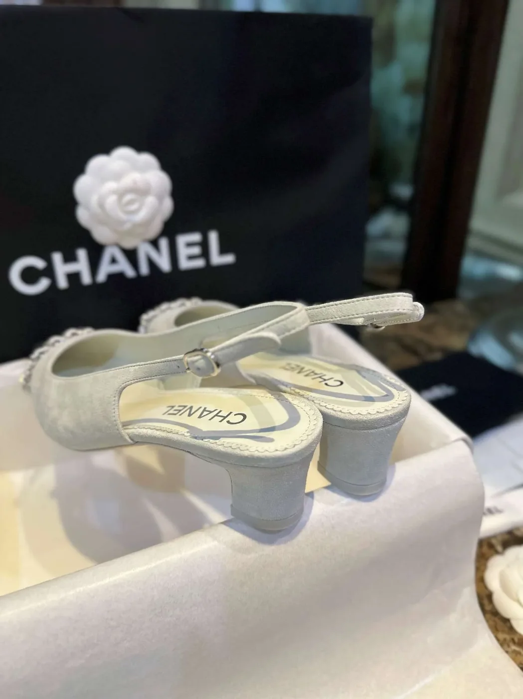 Chanel Patent Slingback Pumps Light Grey Chanel Patent Slingback Pumps Light Grey