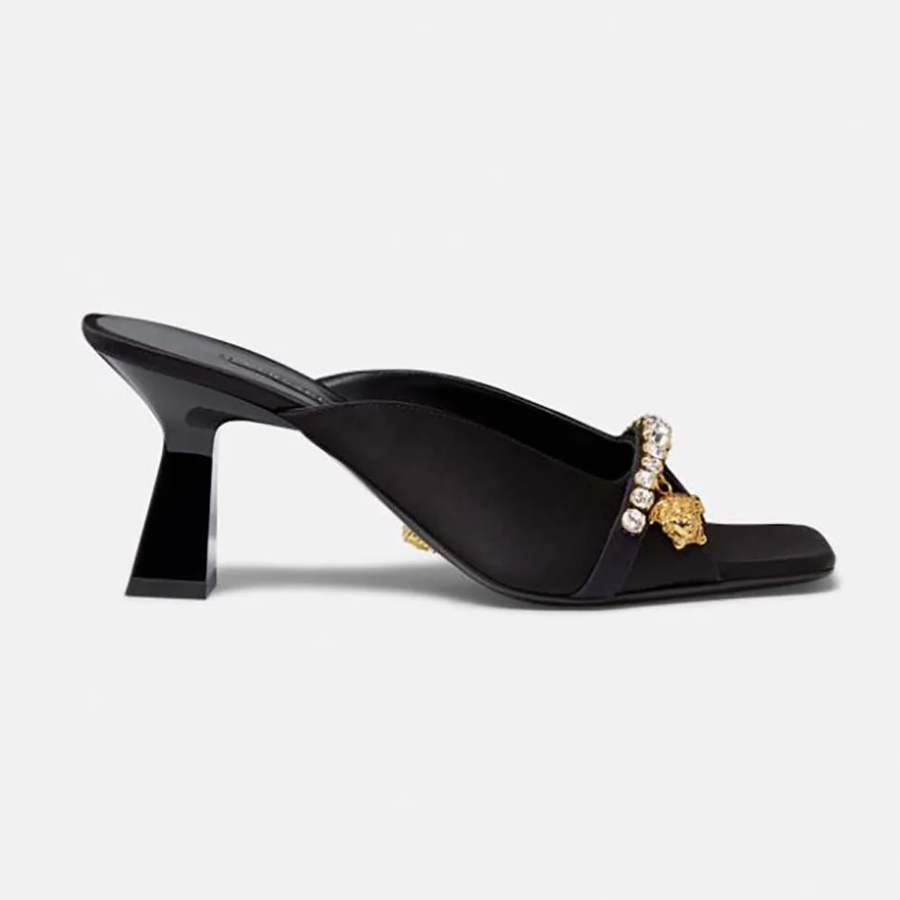 Versace Artifact Mid-Heel Mules for Women in Black Versace Artifact Mid-Heel Mules for Women in Black
