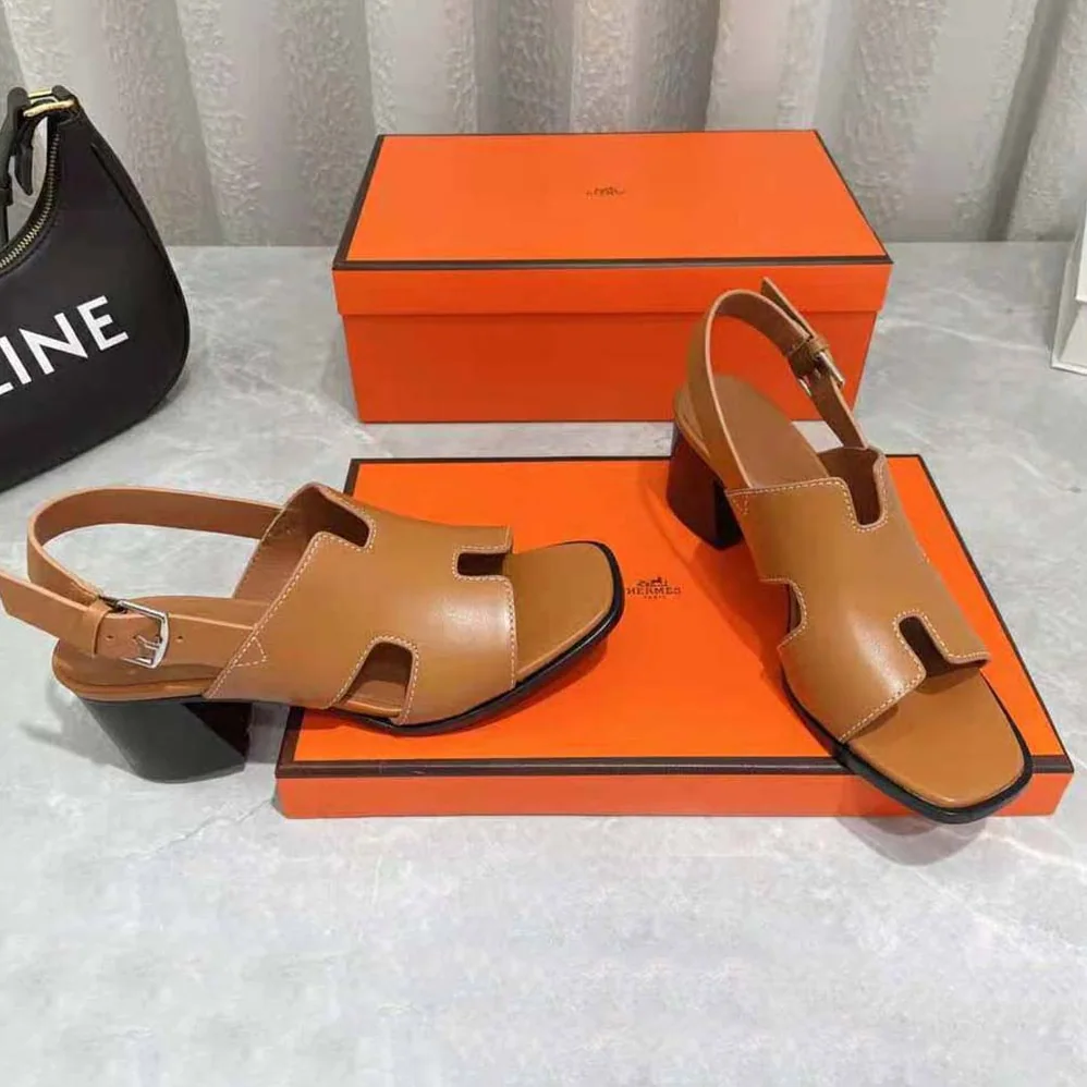 Hermes Elbe 60 Sandal in Calfskin with H Cut-Out Detail for Women in Brown Hermes Elbe 60 Sandal in Calfskin with H Cut-Out Detail for Women in Brown