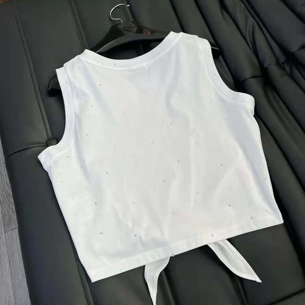Miu Miu Cotton Top with Crystals with Embroidered Logo for Women in White Miu Miu Cotton Top with Crystals with Embroidered Logo for Women in White
