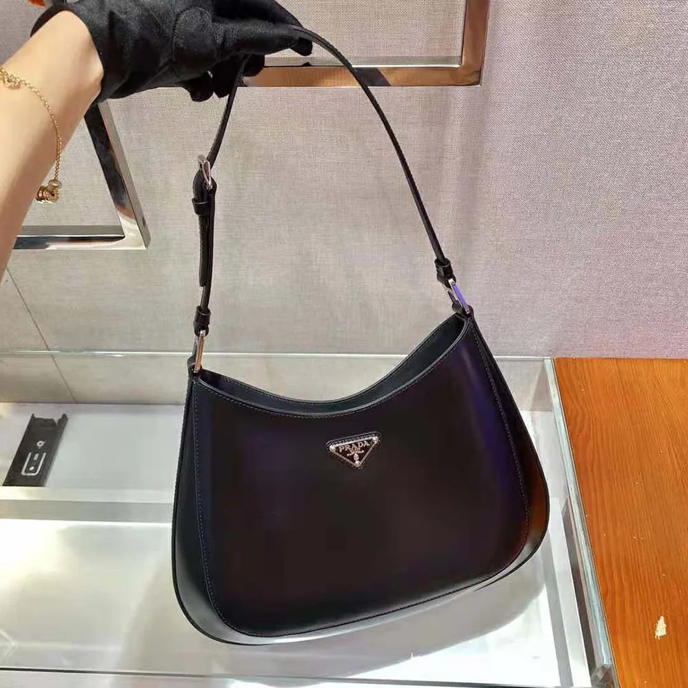 Prada Cleo Brushed Leather Shoulder Bag for Women in Black