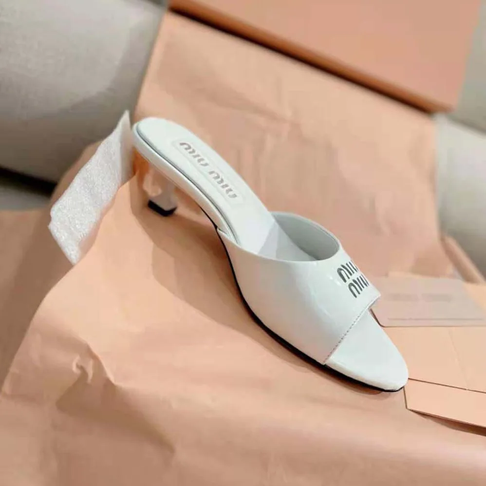 Miu Miu Patent Leather Sandals in 45 mm Heel Height for Women in White Miu Miu Patent Leather Sandals in 45 mm Heel Height for Women in White