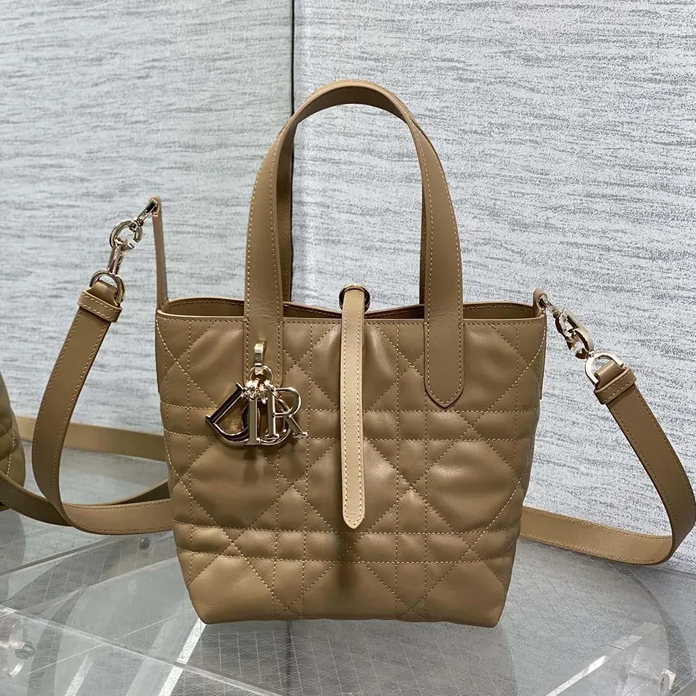 Dior Small Dior Toujours Vertical Tote Bag Medium Tan Macrocannage Calfskin for Women