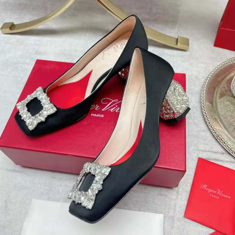 Roger Vivier Jewel Heel Rhinestone Buckle Pumps in Satin for Women Roger Vivier Jewel Heel Rhinestone Buckle Pumps in Satin for Women