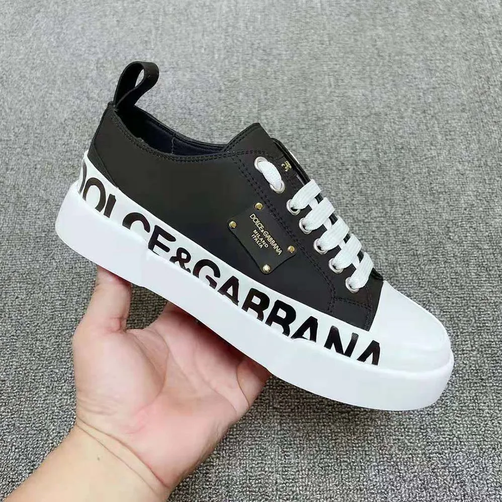 Dolce Gabbana D&G Calfskin Portofino Light Sneakers with Logo-Detailed Plate and Logo Print for Women in Black