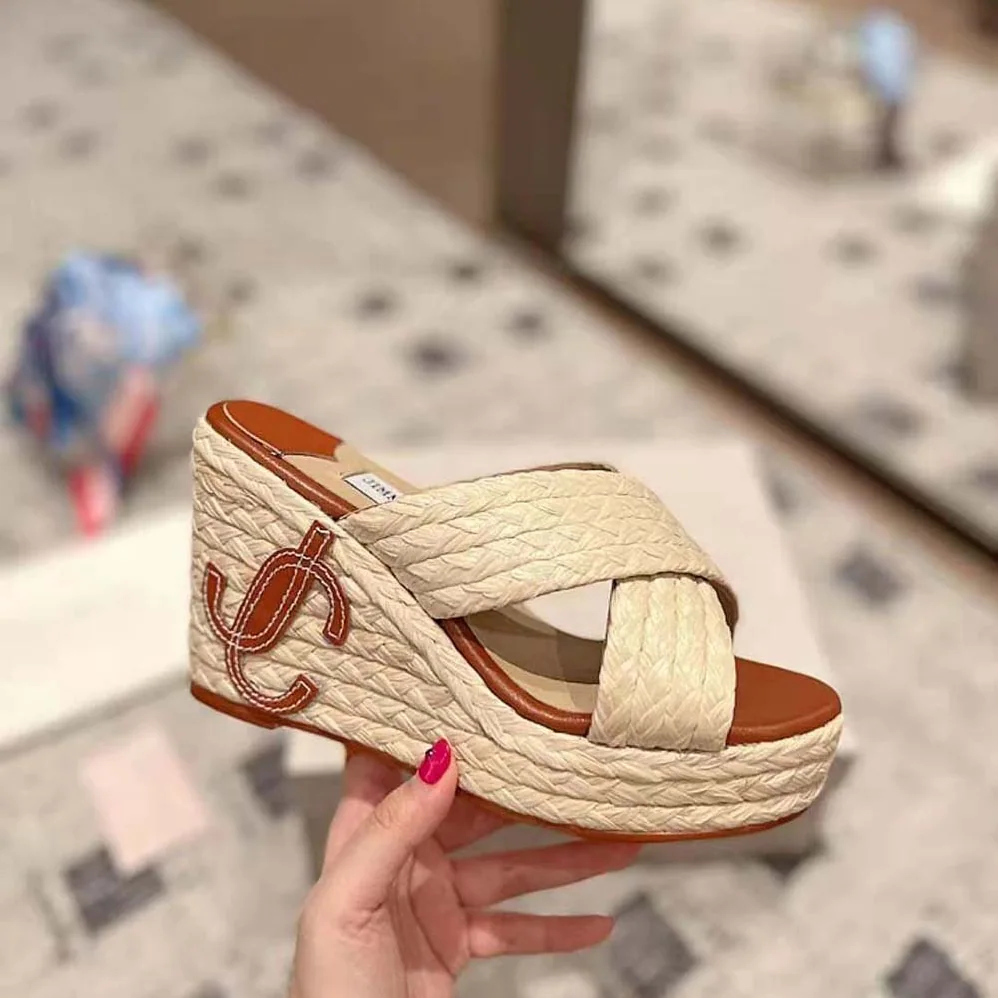 Jimmy Choo Dovina 100 Natural Raffia Wedge Mules with JC Monogram for Women