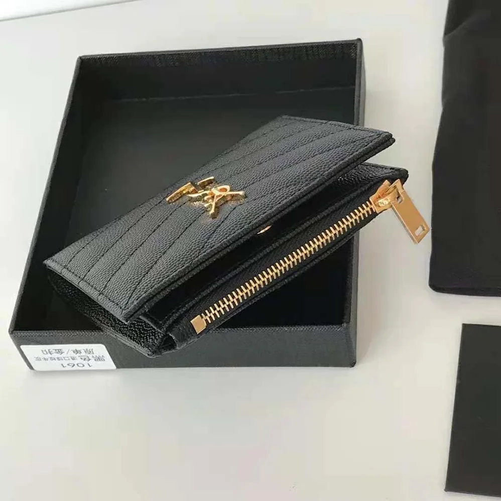 Saint Laurent YSL Monogram Zipped Card Case in Grain DE Poudre Embossed Leather for Women