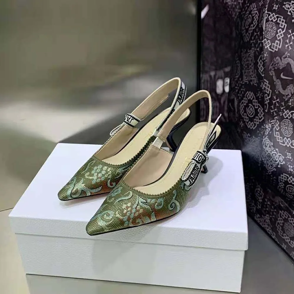 Dior J'Adior Slingback Pump Sky Blue Dior Brocart Embroidered Cotton with Gold for Women in Tone Metallic Thread