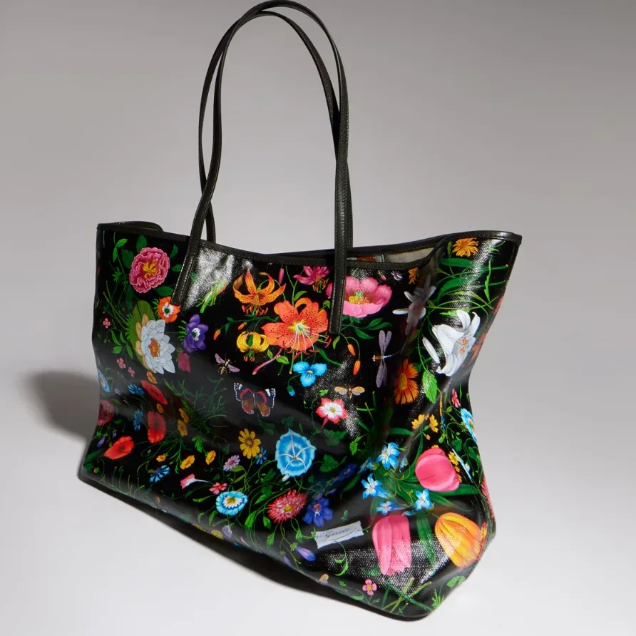 Gucci Tribeca Large Tote Bag / Black/ Multicolor Gucci Flora Coated Canvas Palladium Hardware A0034D FAF8S 1055 Gucci Tribeca Large Tote Bag / Black/ Multicolor Gucci Flora Coated Canvas Palladium Hardware A0034D FAF8S 1055