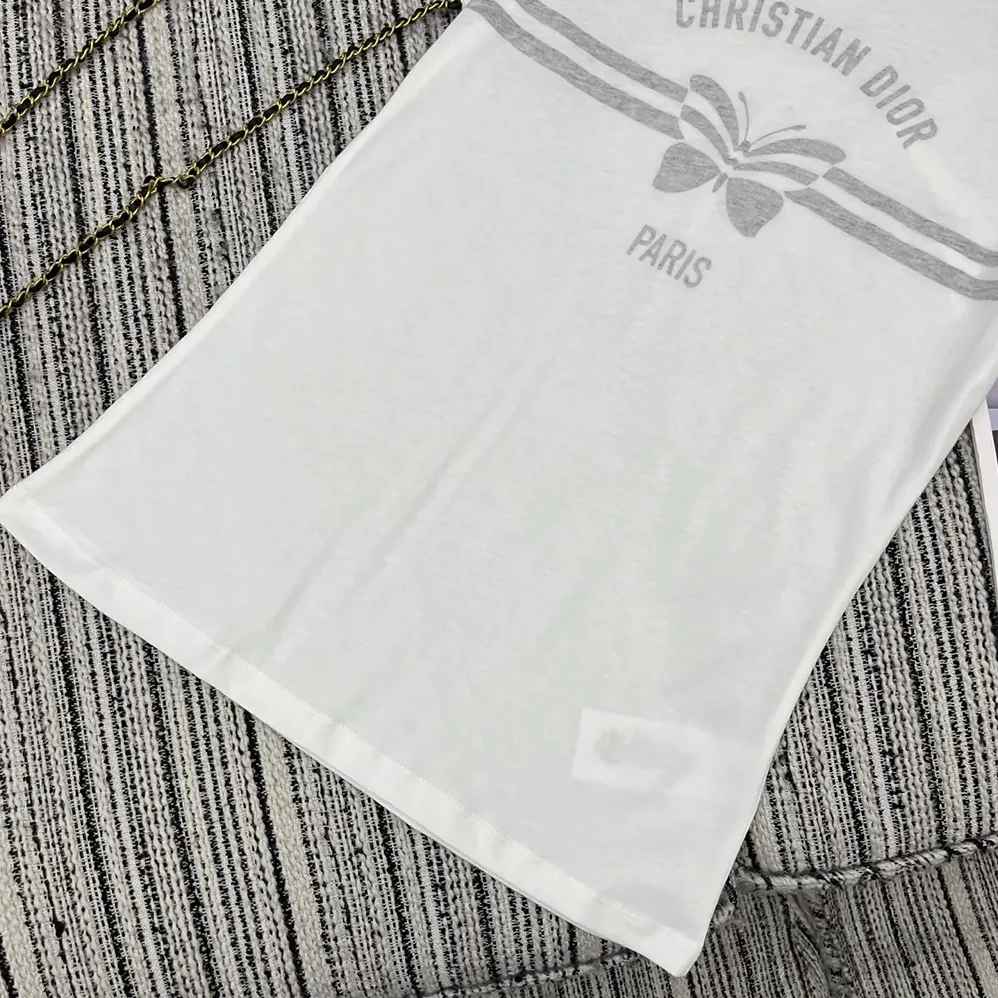 Dior T-Shirt White Cotton and Linen Jersey with Gray Christian Dior Papillon Motif for Women