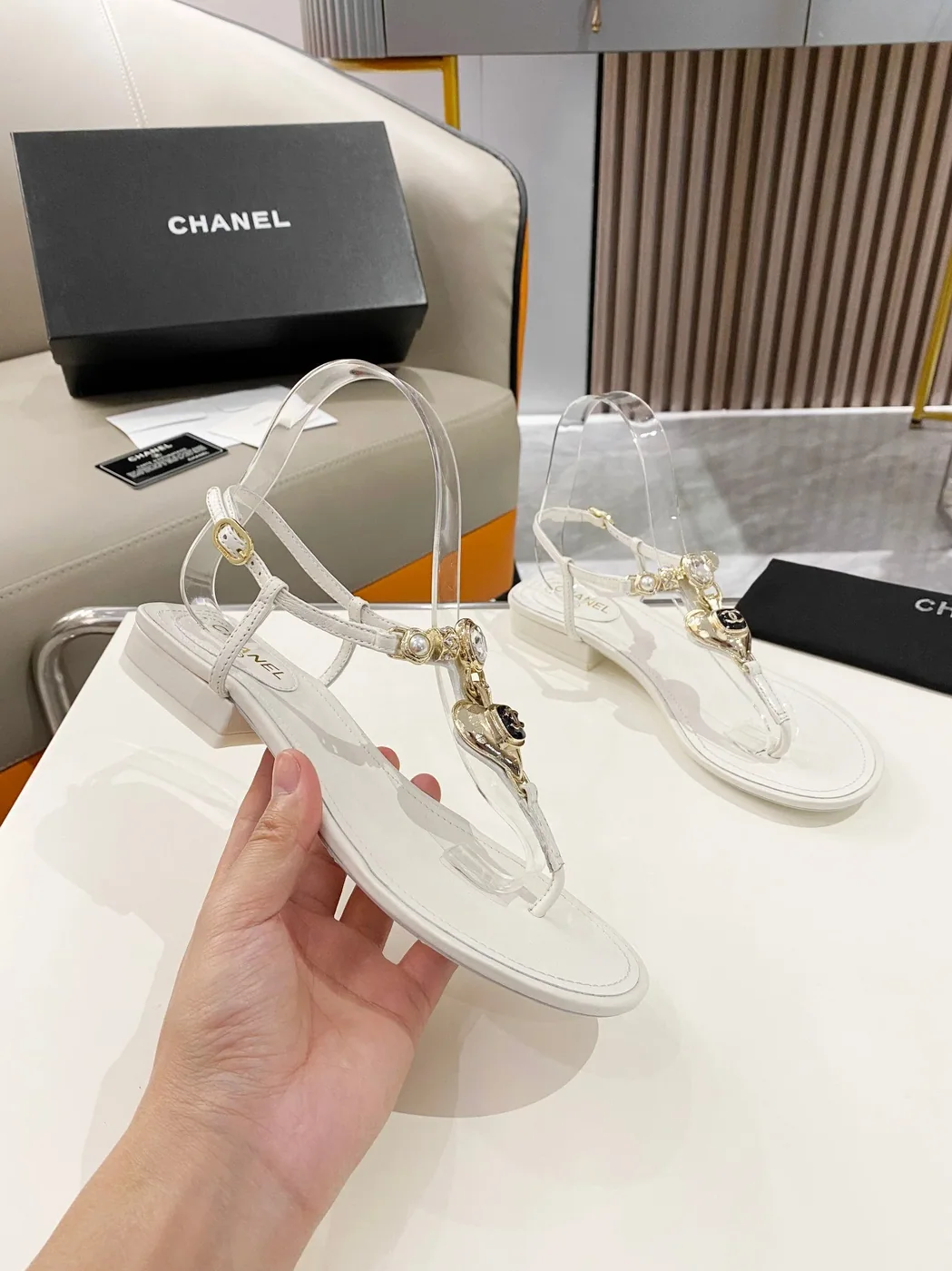 Chanel Crystal Low Heels Flip Flops White