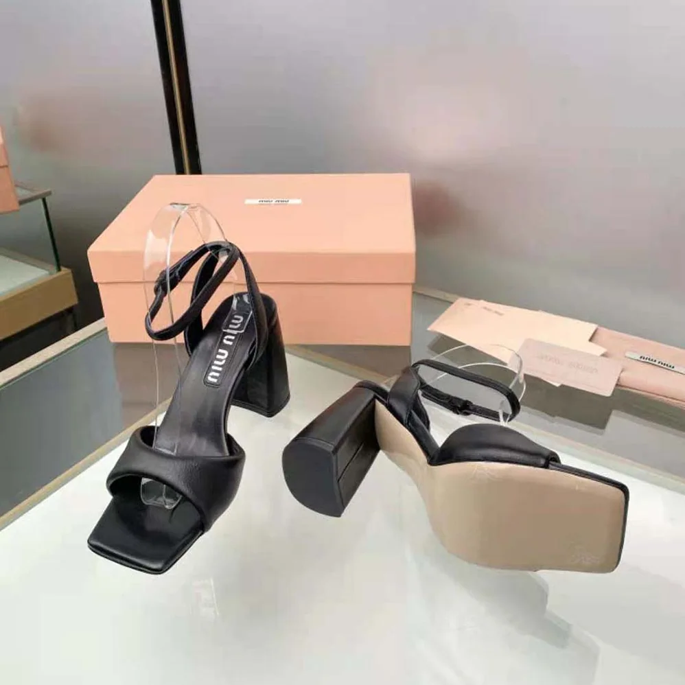 Miu Miu Padded Leather Sandals in 85 mm Heel Height for Women in Black Miu Miu Padded Leather Sandals in 85 mm Heel Height for Women in Black