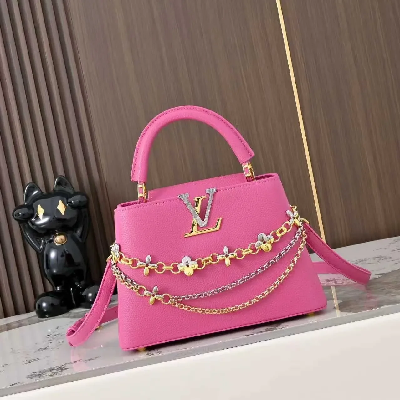 Louis Vuitton Capucines BB Top Handle Bag in Raspberry Silver/ Gold Hardware