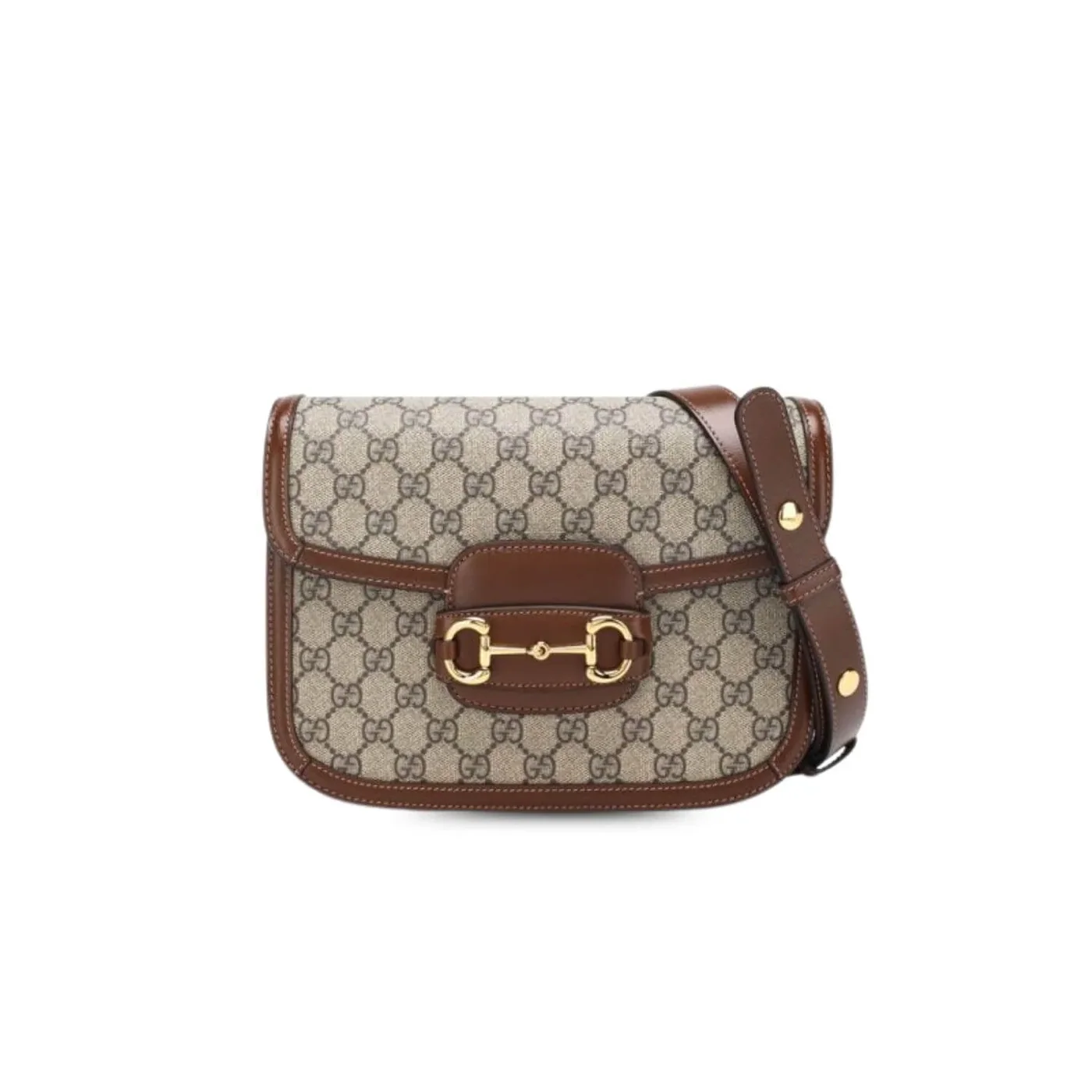 Gucci Horsebit 1955 Shoulder Bag Beige/Ebony GG Supreme Canvas With Brown / Gucci Horsebit 1955 Shoulder Bag Beige/Ebony GG Supreme Canvas With Brown /