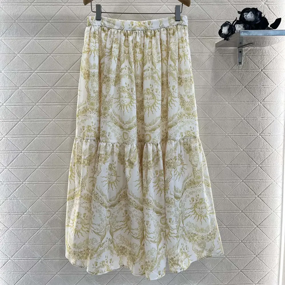 Dior Dioriviera Mid-Length Skirt White and Lemon Yellow Cotton Muslin for Women Dior Dioriviera Mid-Length Skirt White and Lemon Yellow Cotton Muslin for Women