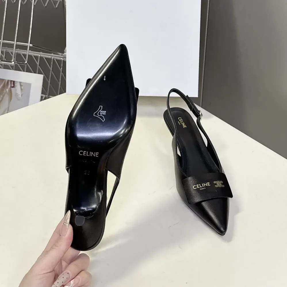 Celine Signature-Slingback With Label In Lambskin for Women in Black Celine Signature-Slingback With Label In Lambskin for Women in Black