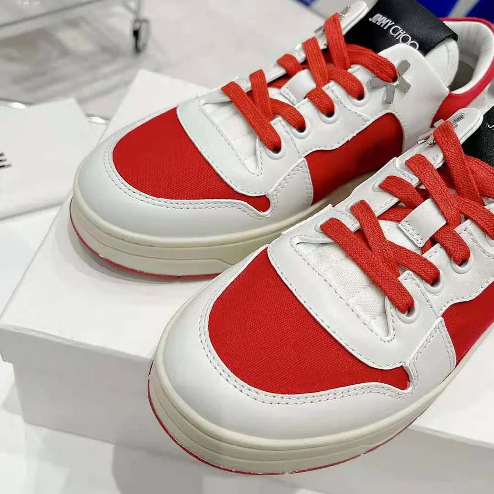 Jimmy Choo JC / Eric Haze Florent/M White Calf Leather and Red Canvas Trainers for Unisex