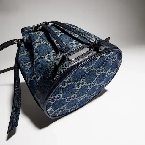 Gucci Bucket With Gucci Plaque Mini Shoulder Bag / Dark Blue Denim Palladium Hardware Gucci Bucket With Gucci Plaque Mini Shoulder Bag / Dark Blue Denim Palladium Hardware