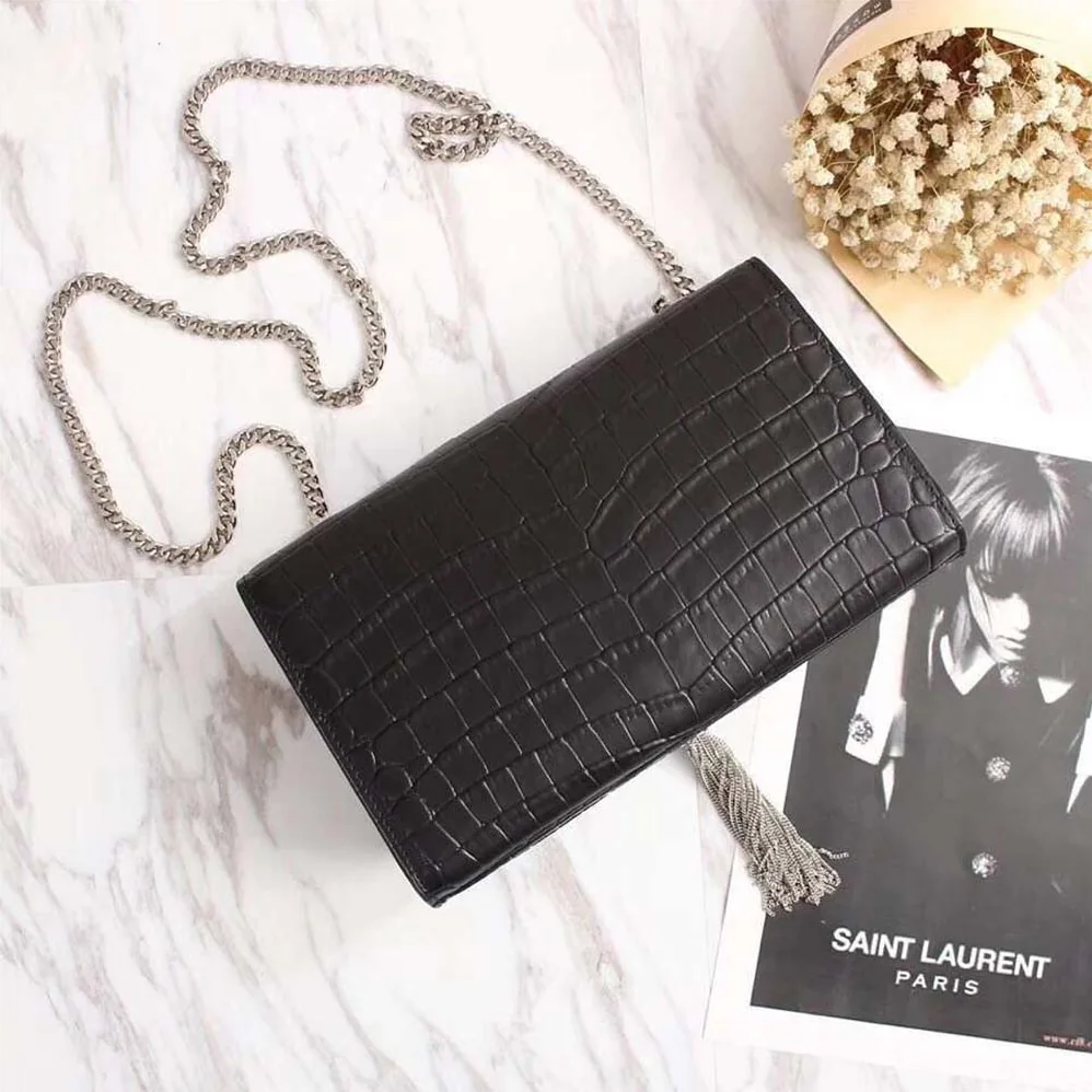 Saint Laurent YSL Kate Small Tassel Embossed Crocodile Shiny Calfskin for Women in Black