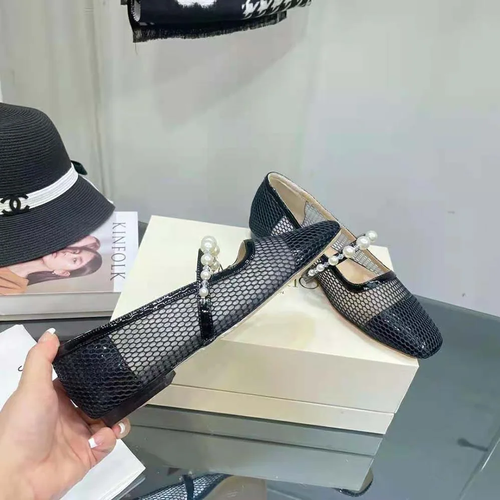 Jimmy Choo Ade Flat Black Fishnet Mesh and Nappa Flats with Pearl for Women in Embellished Strap Jimmy Choo Ade Flat Black Fishnet Mesh and Nappa Flats with Pearl for Women in Embellished Strap