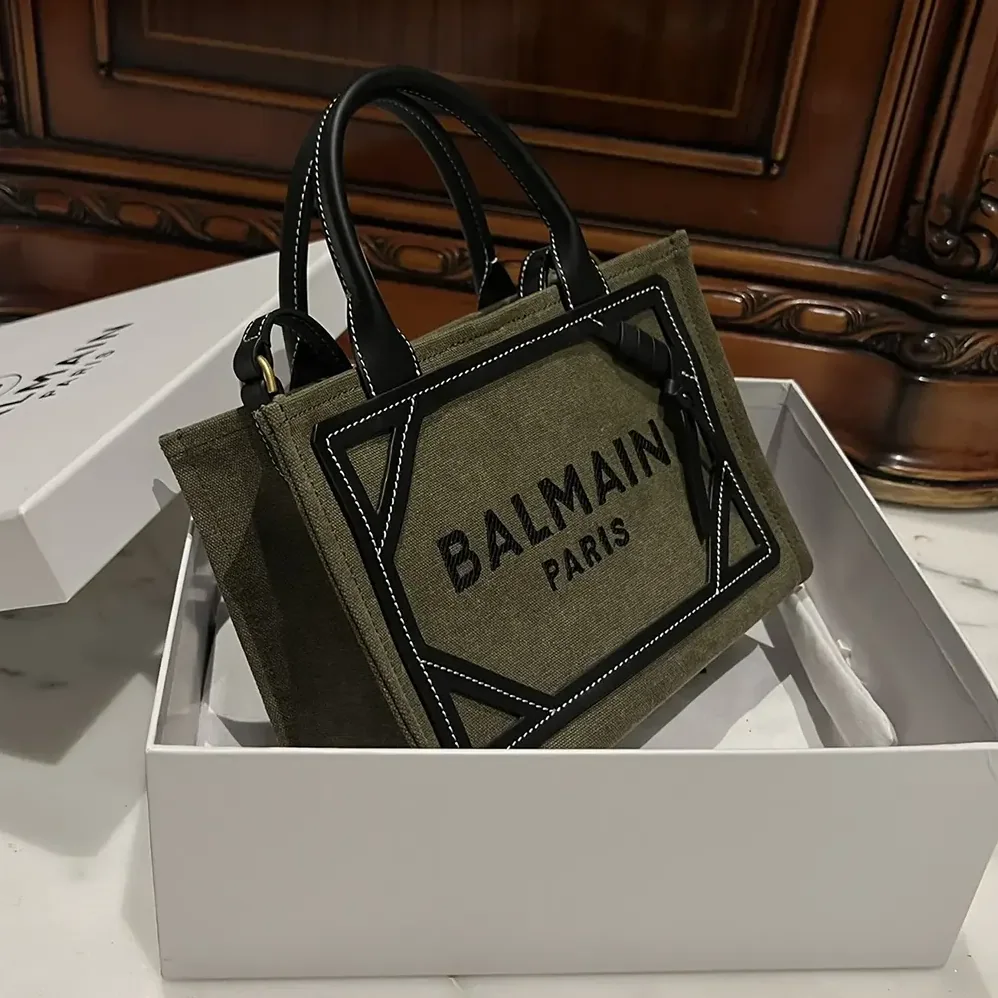 Balmain B-Army Small Canvas Shopping Bag with Leather Inserts for Women Balmain B-Army Small Canvas Shopping Bag with Leather Inserts for Women