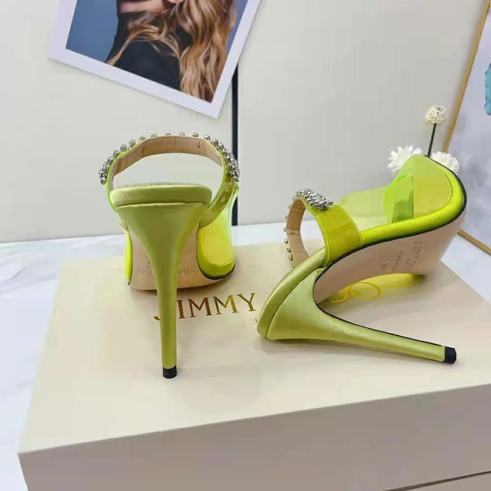 Jimmy Choo Bing 100 Neon Yellow Plexi Mules with Yellow Crystal Strap for Women Jimmy Choo Bing 100 Neon Yellow Plexi Mules with Yellow Crystal Strap for Women