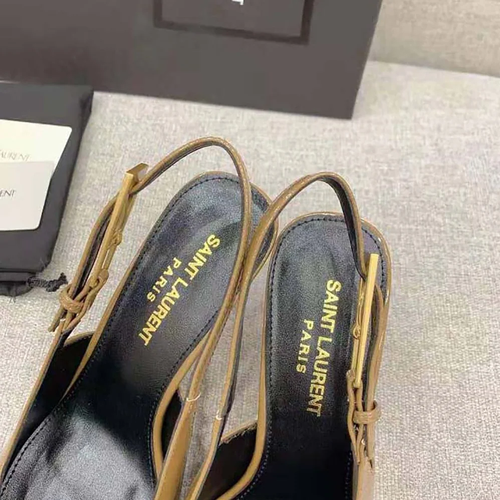 Saint Laurent YSL Lee Slingback Pumps in Glazed Leather for Women in Brown Saint Laurent YSL Lee Slingback Pumps in Glazed Leather for Women in Brown