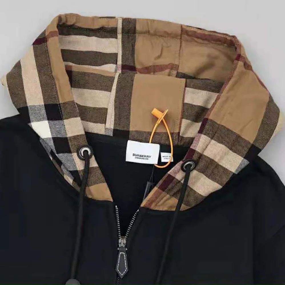 Burberry Check Trim Cotton Zip Hoodie for Men in Black