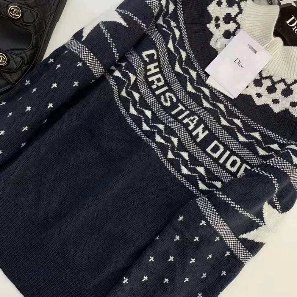 Dior Dioralps Stand Collar Sweater Navy Blue and White Wool and Cashmere Knit for Women Dior Dioralps Stand Collar Sweater Navy Blue and White Wool and Cashmere Knit for Women