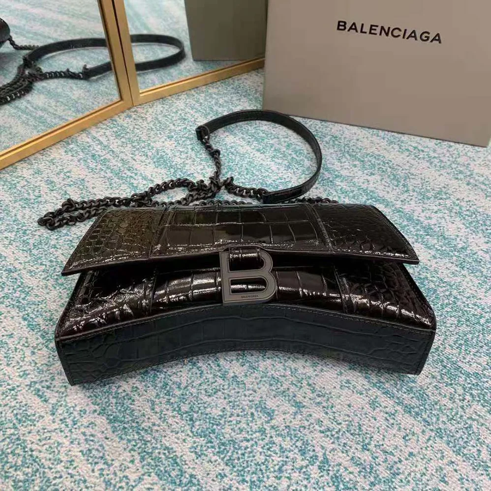 Balenciaga Hourglass Chain Bag in Black Shiny Crocodile Embossed Leather for Women Balenciaga Hourglass Chain Bag in Black Shiny Crocodile Embossed Leather for Women