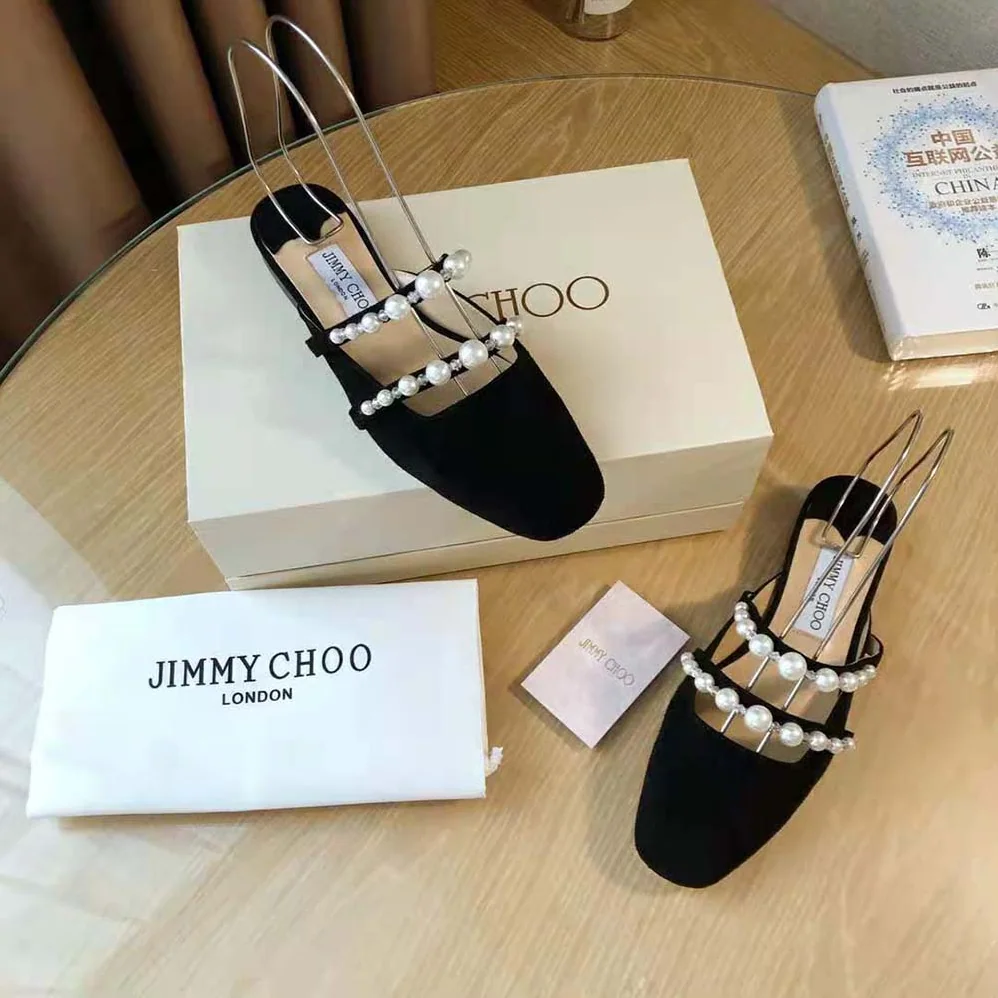 Jimmy Choo Alaina Flat Black Suede Flats with Pearl Embellishment for Women Jimmy Choo Alaina Flat Black Suede Flats with Pearl Embellishment for Women