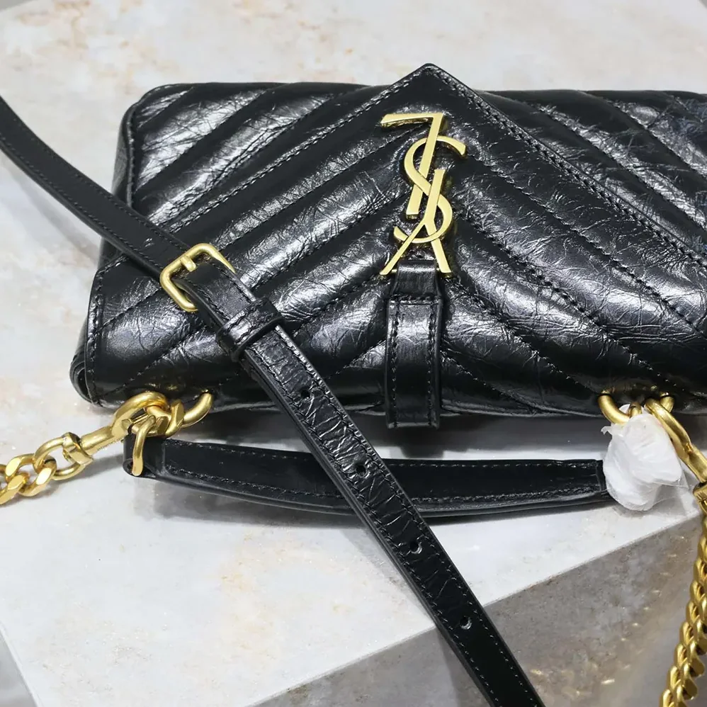 Saint Laurent YSL College Mini Chain Bag in Shiny Crackled Leather for Women in Black Saint Laurent YSL College Mini Chain Bag in Shiny Crackled Leather for Women in Black