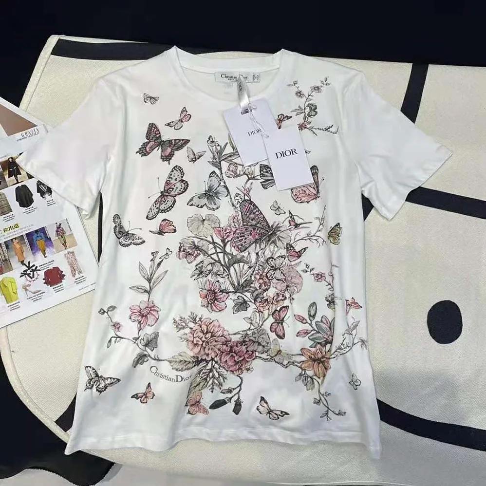 Dior T-Shirt White Cotton Jersey with Pastel Pink Toile de Jouy Mexico Motif for Women Dior T-Shirt White Cotton Jersey with Pastel Pink Toile de Jouy Mexico Motif for Women