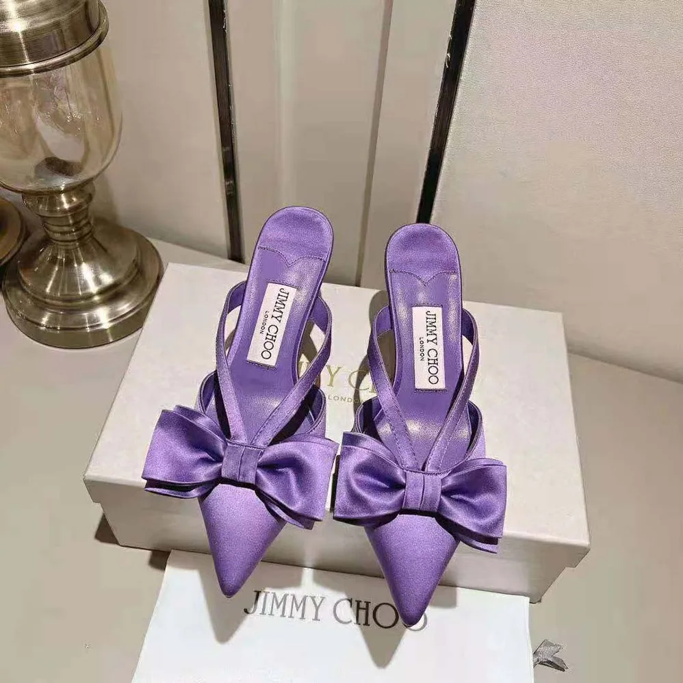 Jimmy Choo Flaca Mule 50 Wisteria Satin Mules with Bow for Women