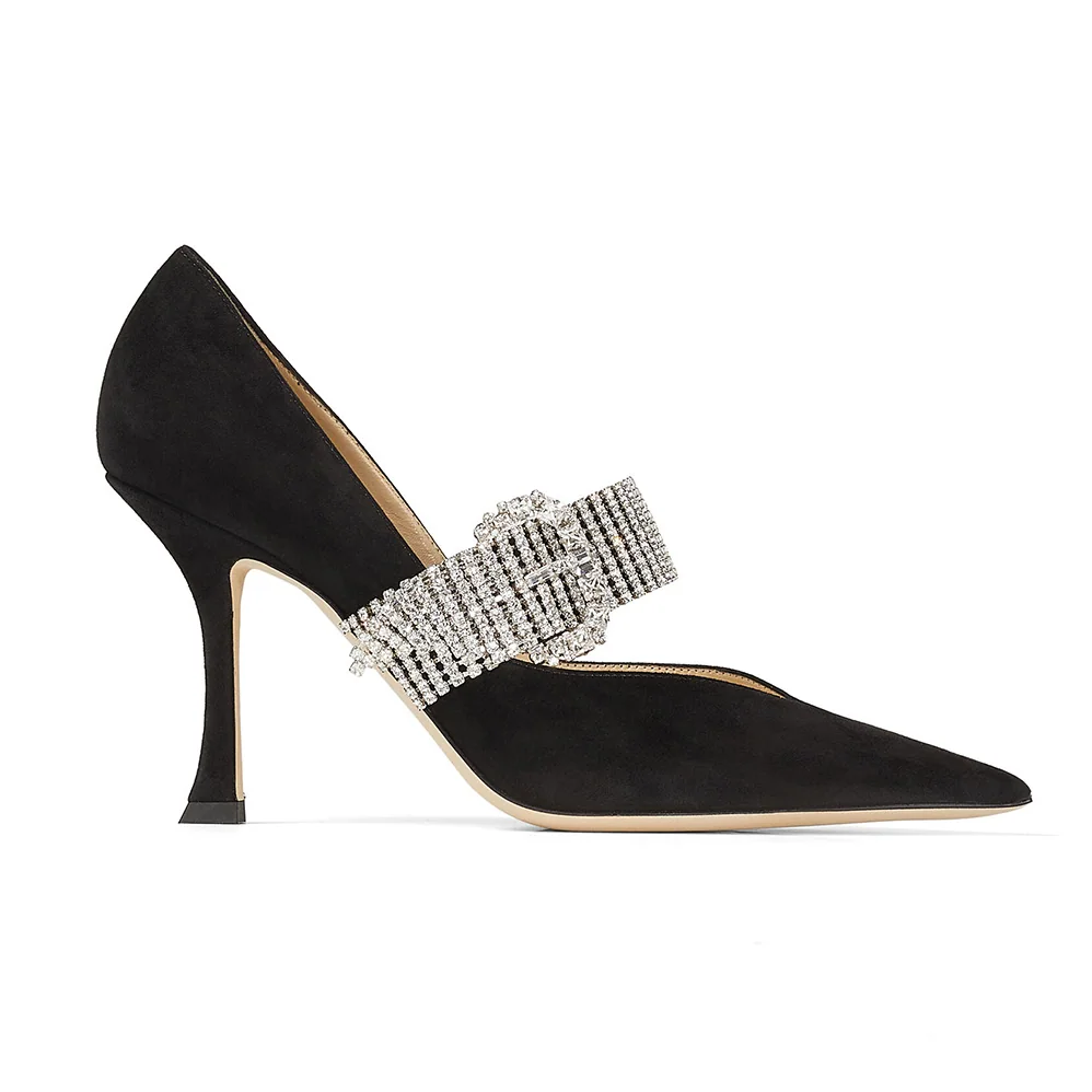 Jimmy Choo Kari 90 Black Suede Pumps with Crystal for Women in Embellished Strap Jimmy Choo Kari 90 Black Suede Pumps with Crystal for Women in Embellished Strap