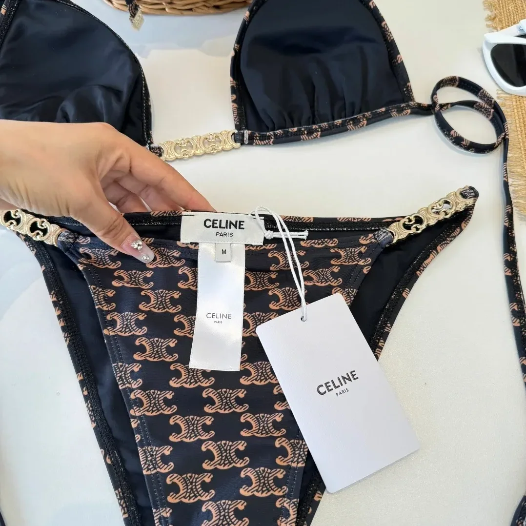 Celine Triomphe Monogram Triangle Bikini Black in Gold Celine Triomphe Monogram Triangle Bikini Black in Gold