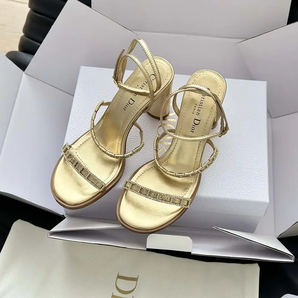Dior Diorissime Heeled Sandal Gold-Tone Laminated Lambskin and Silver for Women in Tone Strass Dior Diorissime Heeled Sandal Gold-Tone Laminated Lambskin and Silver for Women in Tone Strass