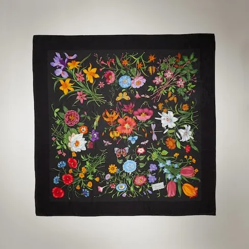 Gucci Printed GG Wool Silk Shawl Scarf Black in Multicolor