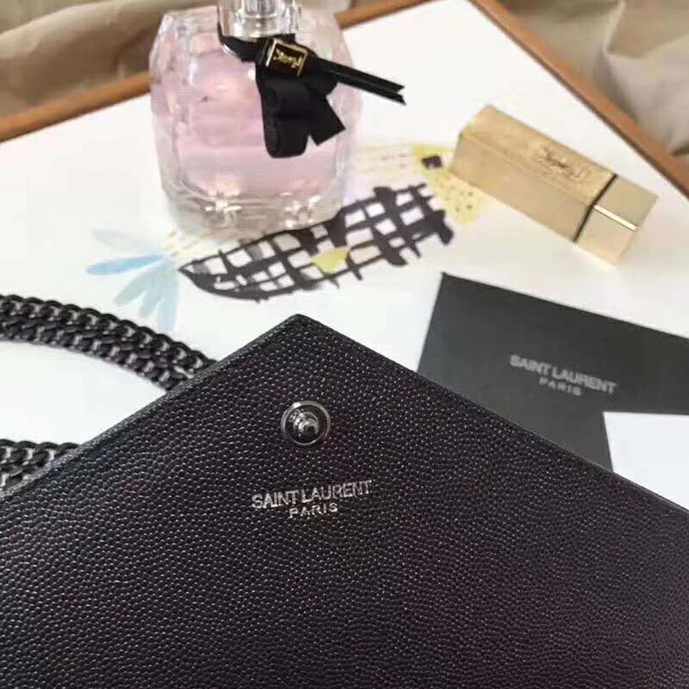 Saint Laurent Monogram Chain Wallet Grain De Poudre Embossed in Black