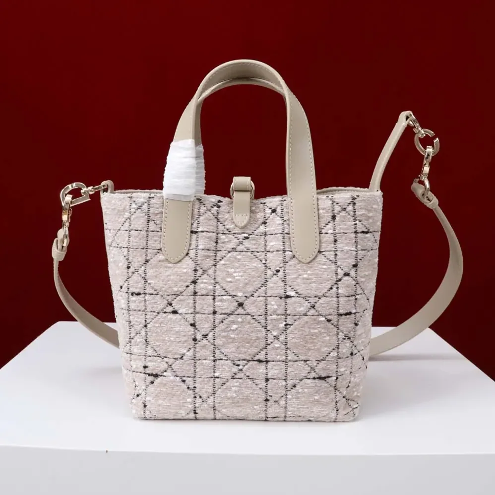 Dior Small Dior Toujours Vertical Tote Bag Beige Tweed with Black Cannage Motif for Women