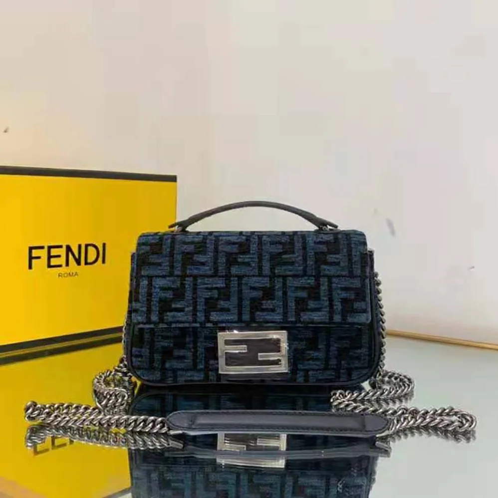 Fendi Baguette Chain Midi Dark Blue FF Tapestry Fabric Bag for Women Fendi Baguette Chain Midi Dark Blue FF Tapestry Fabric Bag for Women