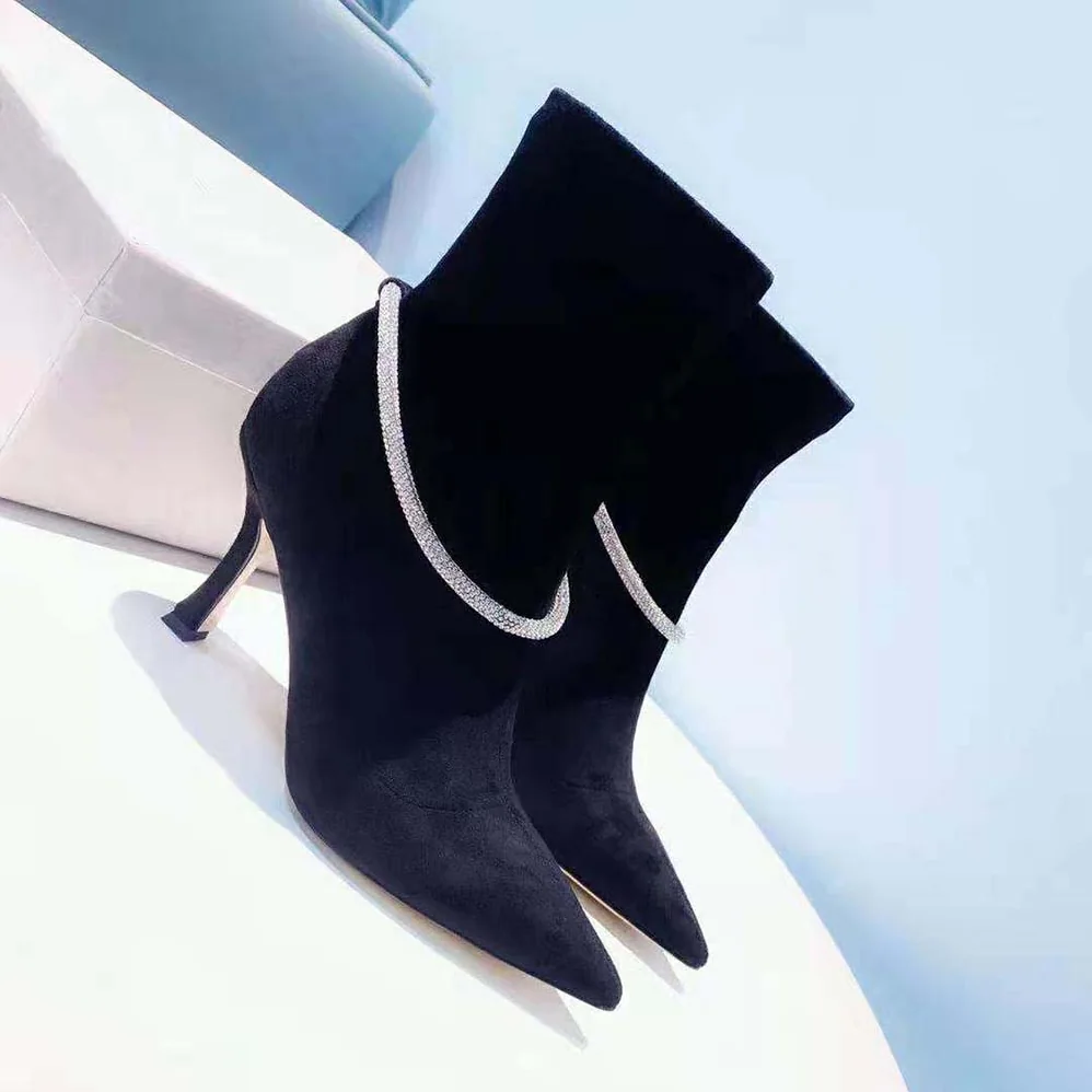 Jimmy Choo Leroy 90 Black Suede Sock Boots with Crystal Embellishment for Women
