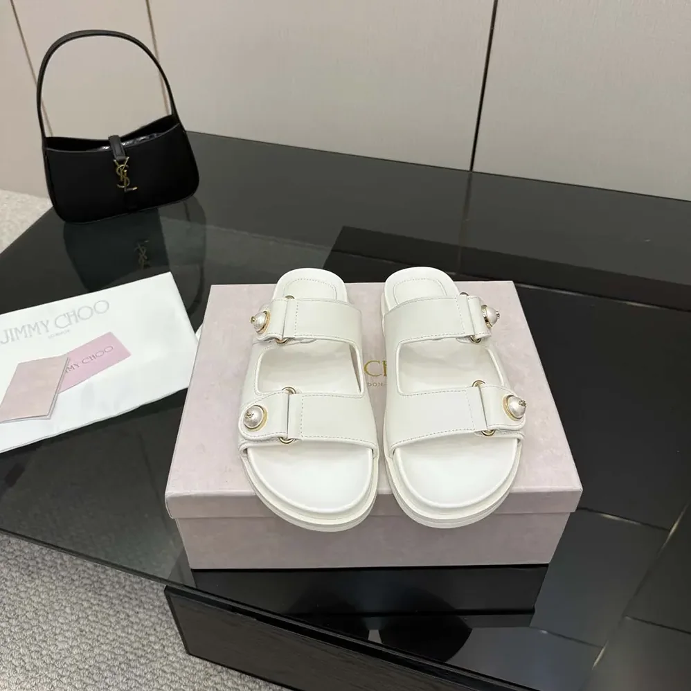 Jimmy Choo Fayence Sandal Latte Leather Flat Sandals with Pearl Embellishment for Women