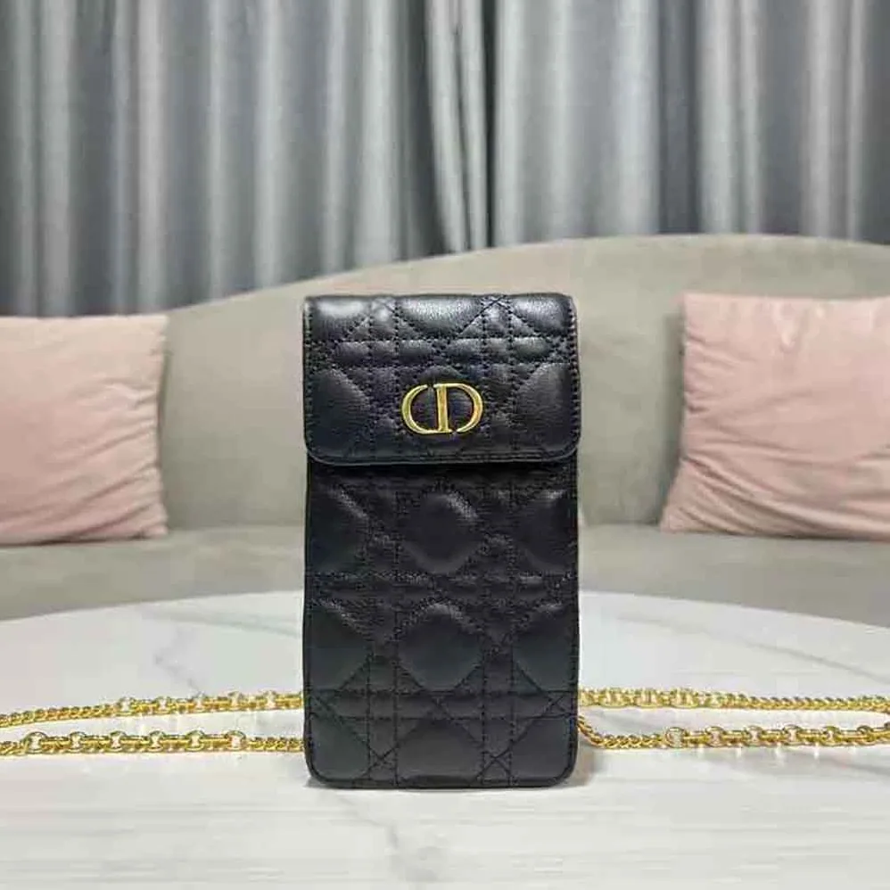 Dior Caro Phone Holder with Chain Black Supple Cannage Calfskin for Women