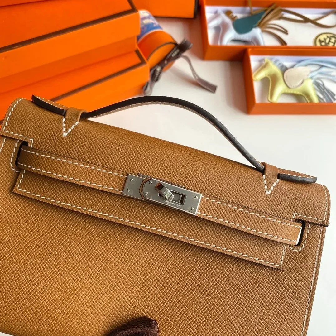 Hermes Kelly Pochette Top Handle Bag in Brown Epsom Palladium Hardware